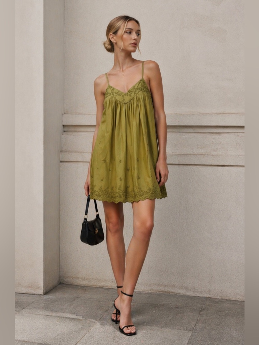 ZARA Women's Olive Green Eyelet Lace Embroidered Mini Dress XS NEW
